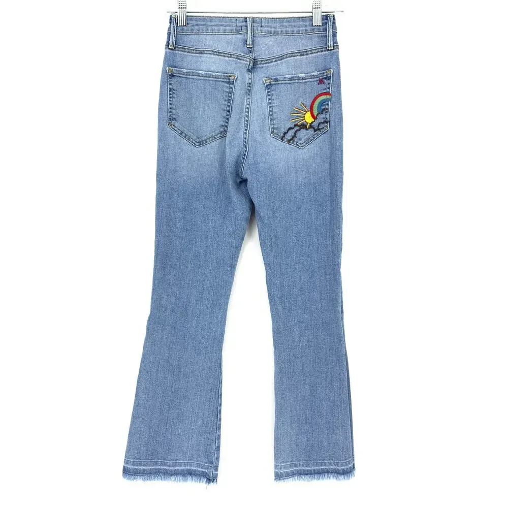 MM Vintage Jeans Women's Sz 26 Distressed Flare Crop Mid Rise Blue Five Pockets - Picture 2 of 8